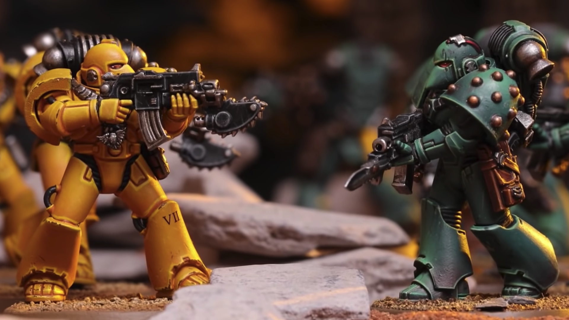 A close-up of Space Marine miniatures from the Warhammer: The Horus Heresy - Age of Darkness boxed set