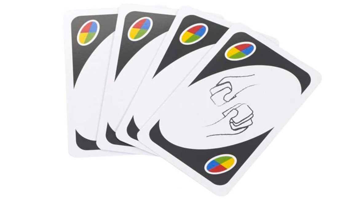 The Uno Wild Shuffle Hands Card laid out next to three blank Wild Customisable Cards.