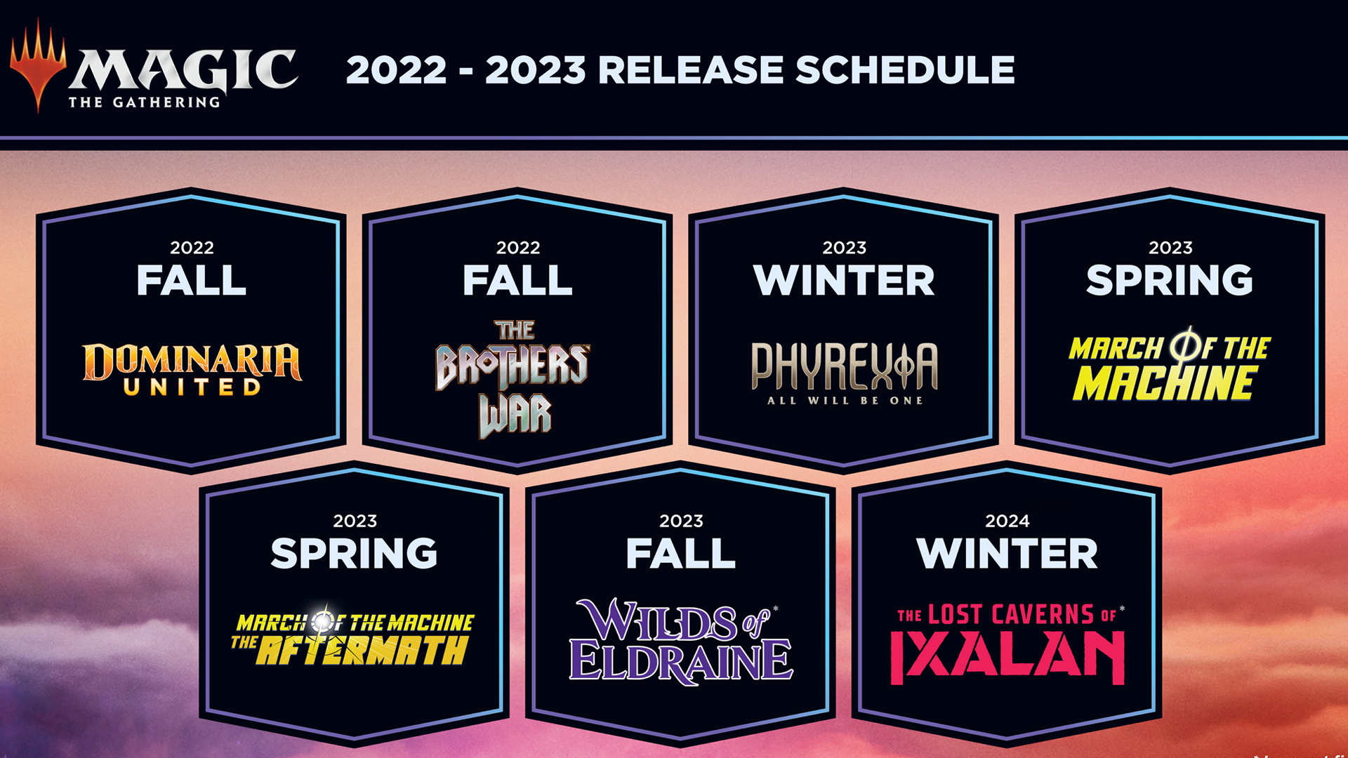 An image of the upcoming schedule for Magic: The Gathering from the Wizards Presents 2022 event.