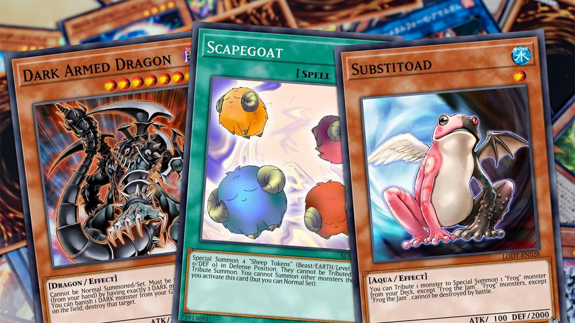 Dark Armed Dragon, Sacegoat and Substitoad Yu-Gi-Oh! cards in front of a blurred game of Yu-Gi-Oh!