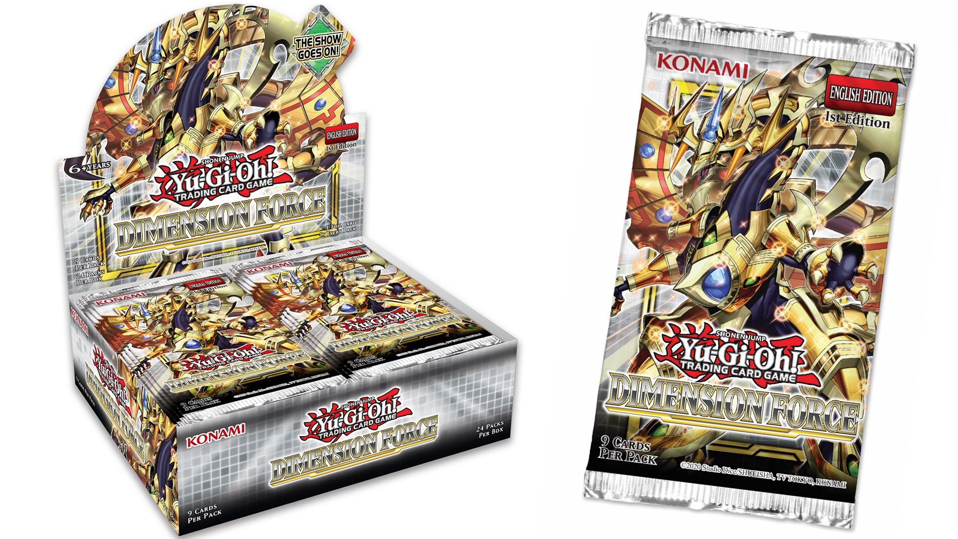 A booster box and booster pack for Yu-Gi-Oh! Dimension Force